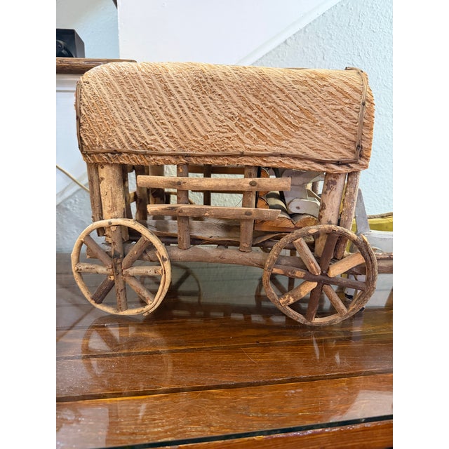 Vintage 1940s Adirondack Western Twig and Bark Handmade Covered Wagon Folk Art With Four Handcarved Wooden Horses and Two Drivers Figures For Sale - Image 4 of 12