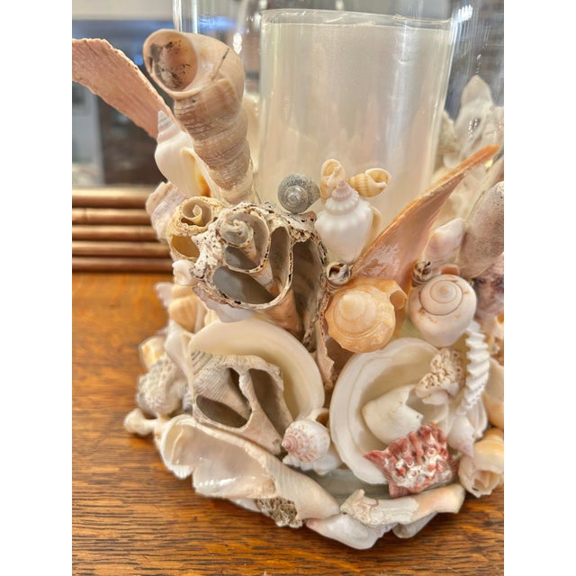Coastal Palm Beach Handcrafted Seashell Encrusted Glass Hurricane Candle Holder For Sale - Image 4 of 11