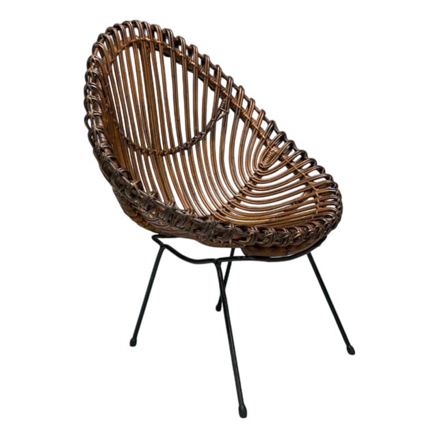 Italian Modern Metal & Bamboo Rattan Lounge Chair- Italy, 1950s For Sale