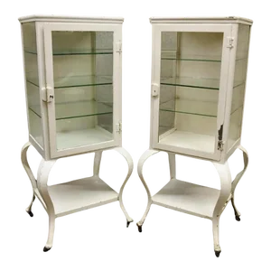 Antique Art Deco Cabriole Leg Steel Metal Medical Dental Pharmacy Cabinet - Pair
