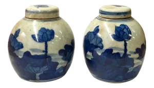 Pair Blue White Mini Oriental Graphic Porcelain Ginger Jars