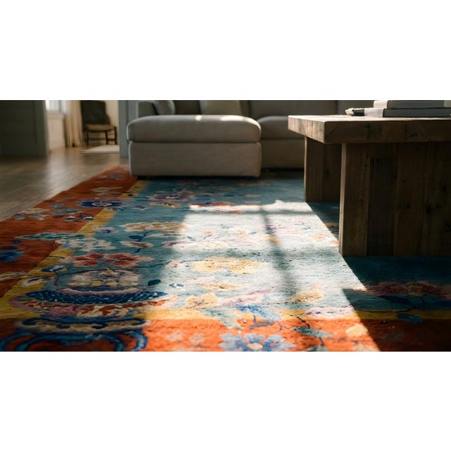 1920s Turquoise Vase Floral Antique Chinese Art Deco Rug 10' 8" X 11' 8" Knotted Wool Carpet For Sale - Image 17 of 18