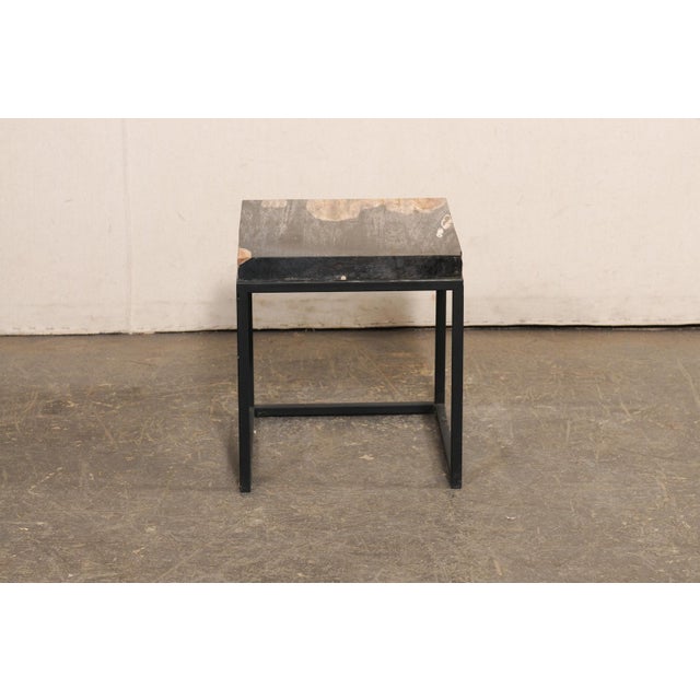 A single, custom created petrified wood top and iron base side table. This modern-designed end table features a square-...