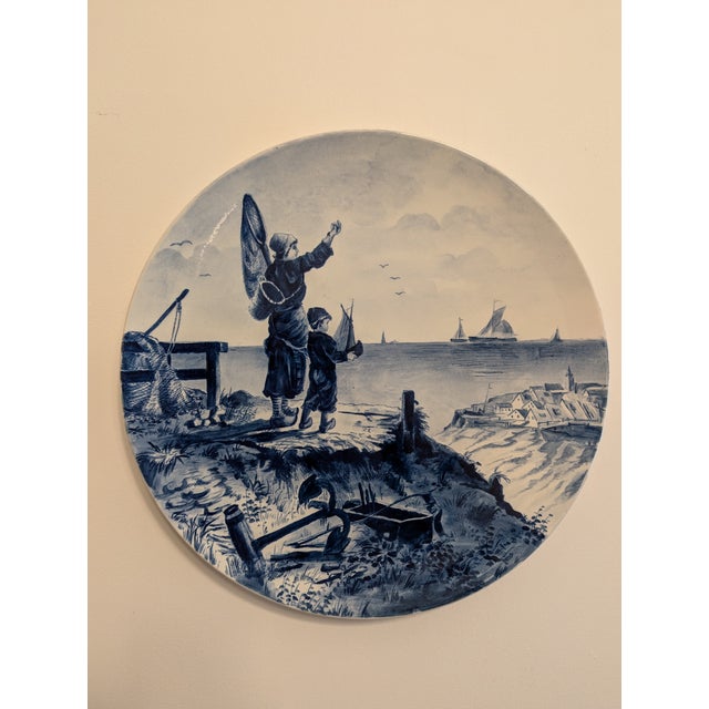 large wall plate Villeroy & Boch Mettlach around 1900, blue painting based on Dutch motifs, hand painted, blue painting...