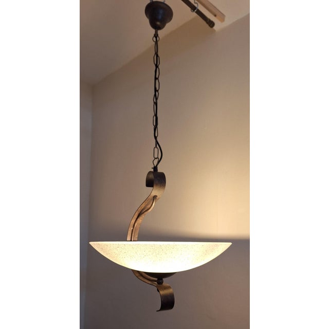 1990s Vintage Ceiling Lamp with White Patterned Glass Shade on Metal Mount from Bilux, 1990s For Sale - Image 5 of 8