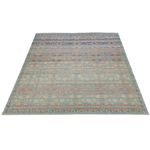 Modern Khotan Style Wool Rug Terracotta, Sage Green & Soft Blue Transitional For Sale - Image 9 of 12