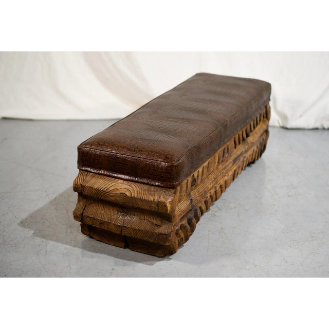 Vintage Rustic Mock Crocodile Carved Wood Bench For Sale - Image 4 of 11