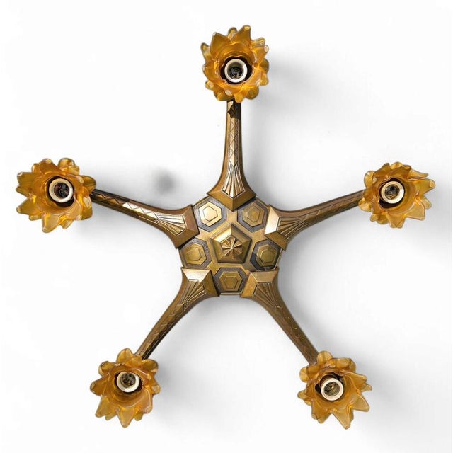 Art Deco Art Nouveau Brass Chandelier with Hand-Blown Floral Shades For Sale - Image 5 of 18