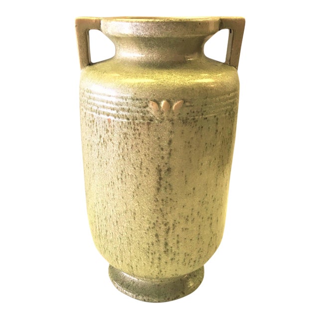 Vintage Mid Century Egyptian Revival Ceramic Urn Vase With Celedon Glaze For Sale