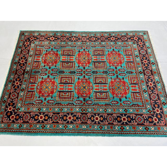 Turquoise Tree of Life Tribal Wool Area Rug, 4'11