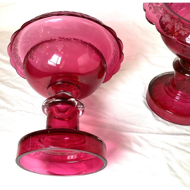 Pair of 19th Century Victorian Cranberry Glass Pedestal Bowl Compotes For Sale In Philadelphia - Image 6 of 9