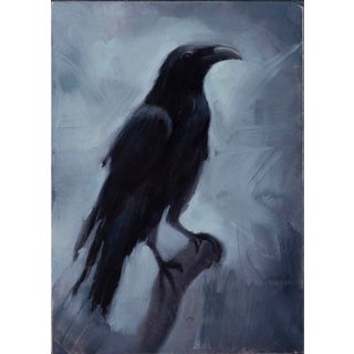 Crow by Ximena Rendon | Oil on panel Black crow silhouette against a gray background. For Sale
