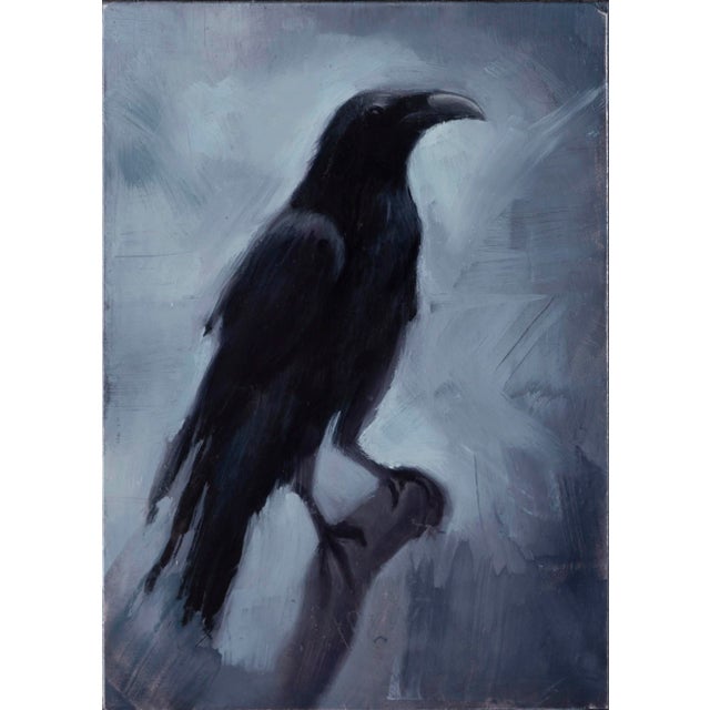Crow by Ximena Rendon | Oil on panel Black crow silhouette against a gray background. For Sale