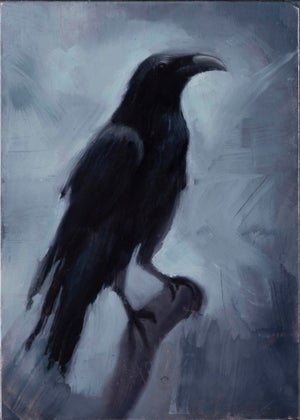 Crow by Ximena Rendon | Oil on panel Black crow silhouette against a gray background.