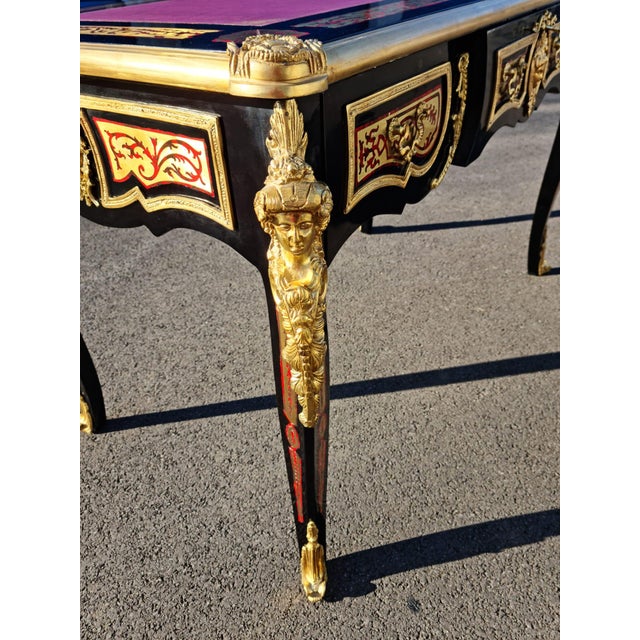 Boulle Style Writing Desk/ Table Bureau Plat French Style Marquetry Inlay With Burgundy Faux Leather on the Top For Sale In New York - Image 6 of 12