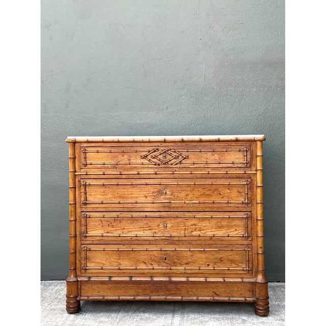 Mid-Century Modern Vintage Wood and Marble Faux Bamboo Chest For Sale - Image 3 of 16
