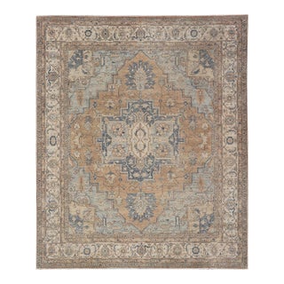 Large Serapi Design Rug With Camel Field and Blue Medallion Pattern 12'3"x14'7" For Sale