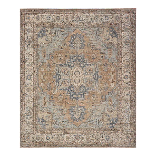 Large Serapi Design Rug With Camel Field and Blue Medallion Pattern 12'3"x14'7" For Sale