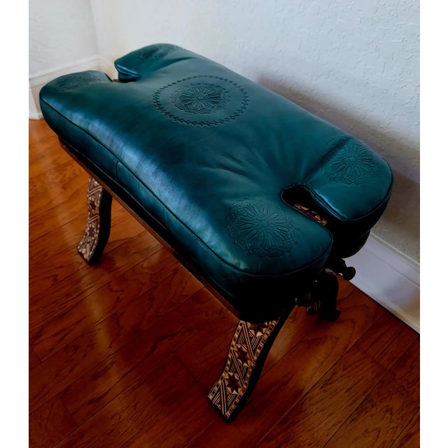 Handcrafted Moroccan Camel Saddle, Genuine Leather Cushion Stool / Emerald Green For Sale - Image 9 of 10