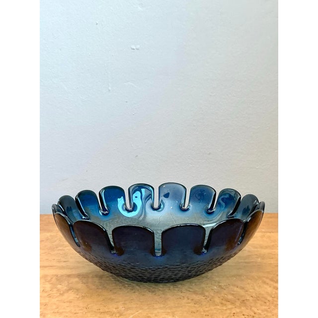 Blue Vintage Mid Century Modern Swedish Scalloped Glass Bowl For Sale - Image 8 of 12