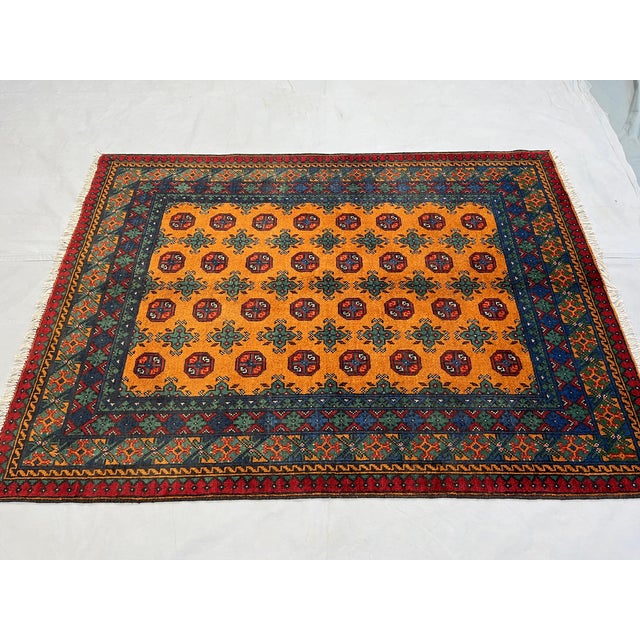 Art Deco Golden Ochre Mori Gul Tribal Area Rug With Geometric Borders, 4'10" X 6'8" For Sale - Image 3 of 16