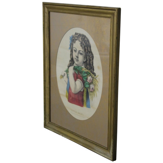 Currier & Ives "Little Daisy" Colored Lithograph. Features an oval gold foiled matte and gold frame.