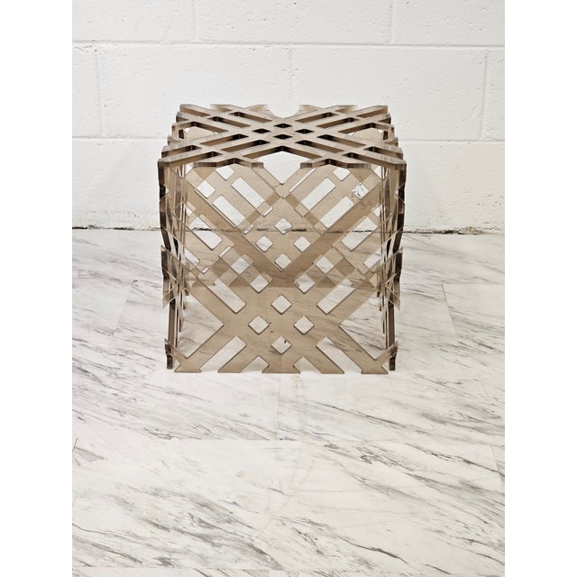 This Versatile Smoked Lucite Lattice Worked Cube Can Function As An Ottoman, A Side Table, Or A Record Storage Cube. Space...