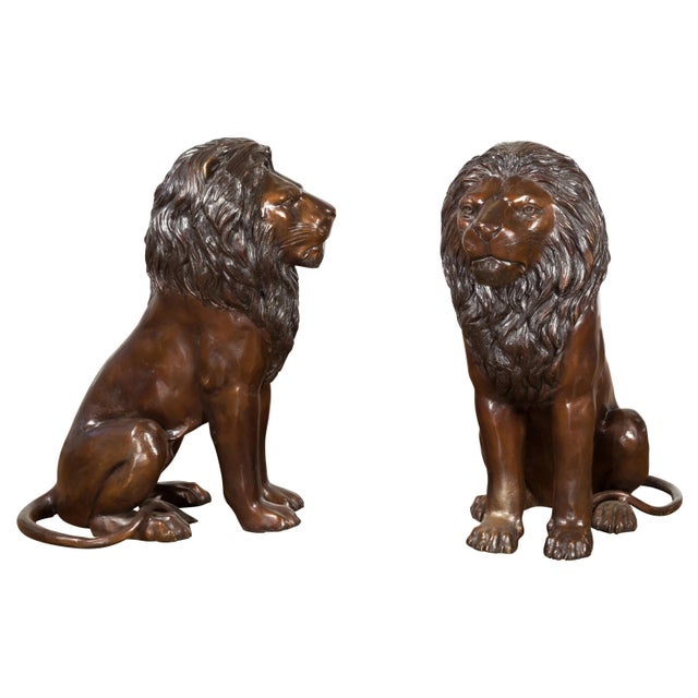 Contemporary Lost Wax Cast Outdoor Sitting Lions with Dark Bronze Patina - A Pair For Sale - Image 13 of 13