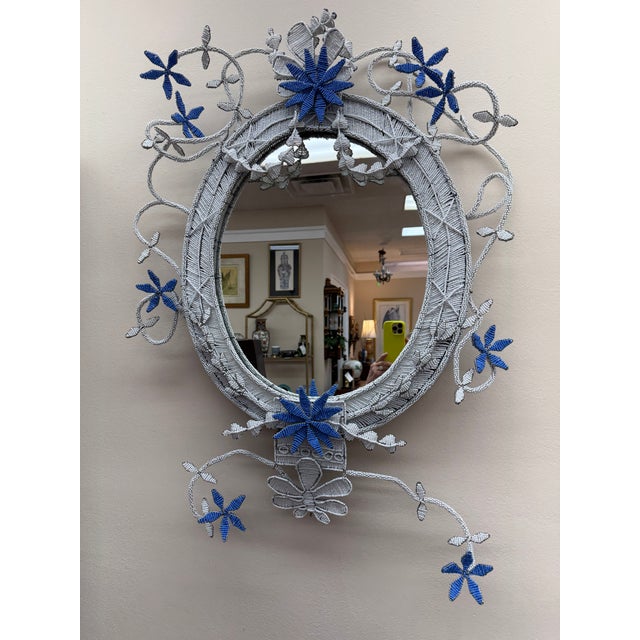 2020s Hand Beaded Oval Mirror With Wired Floral Embellishments For Sale - Image 5 of 9