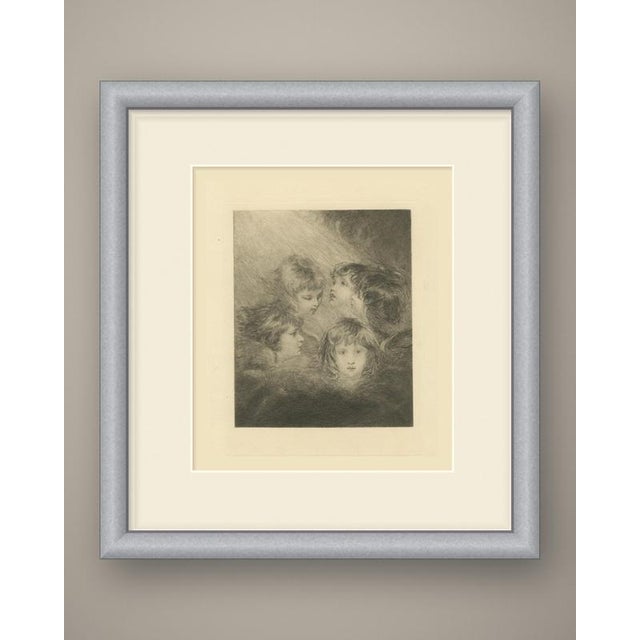 Five winged child heads float among soft clouds, turned toward one another as if in conversation. One at top looks down...