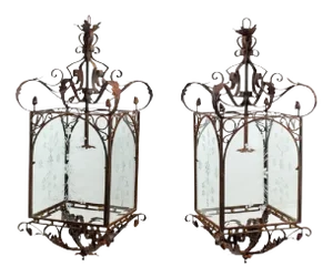 Large Continental Wrought Iron and Etched Glass Lanterns, 20th Century - A Pair