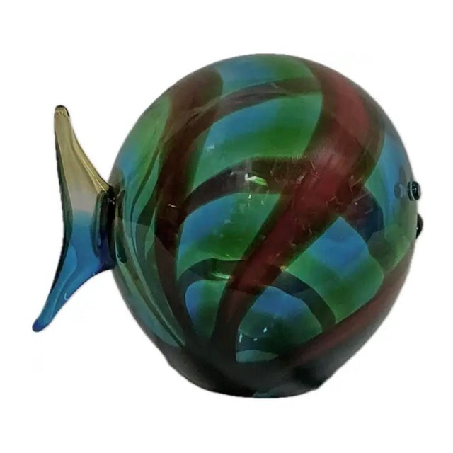 Italian Murano Hand-blown Art Glass Fish Sculpture. Sculpture is a solid art glass fish form with a rounded body and...
