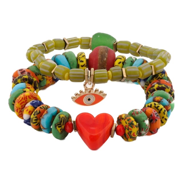Bohemian Style Red Heart & Evil Eye Happy Bracelet Set For Sale