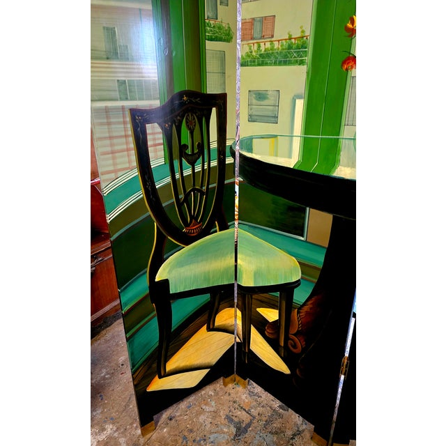 Vintage 4 Panel Room Divider / Screen, One Side Chinoiserie & Sitting Room With a View For Sale - Image 9 of 9