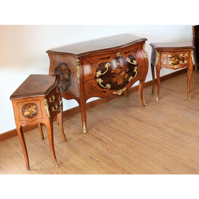 Louis XV Dresser and Bedside Tables with Baroque Style Inlays, Set of 3 For Sale - Image 9 of 9