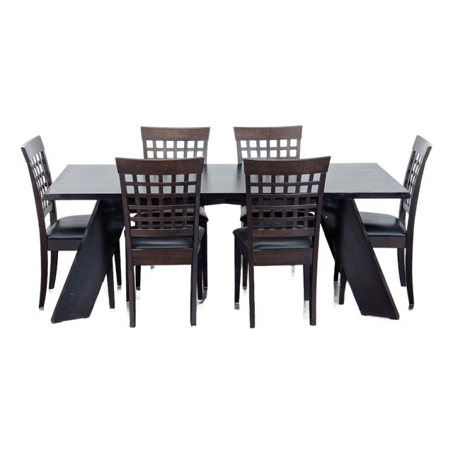 Modern 7-Piece Dark Wood Dining Set With Geometric Table and Chairs For Sale