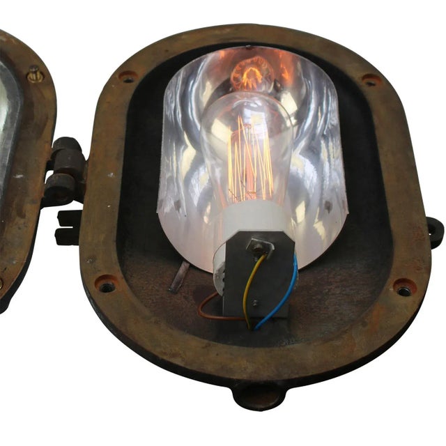 Vintage Industrial French Grey Cast Iron & Frosted Cut Glass Wall Light by Holophane, France For Sale - Image 6 of 8