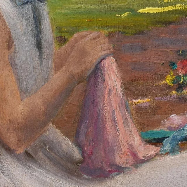 Henri-Charles Angéniol, Young Woman Sewing in the Garden, Oil on Wood, 20th Century, Framed For Sale - Image 4 of 10