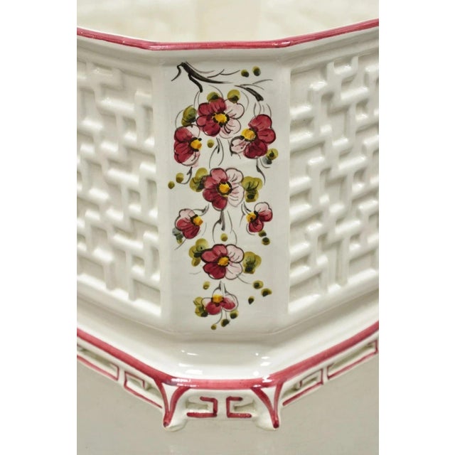 Vintage Chinoiserie Italian Porcelain Lattice Fretwork Pink Flower Planter Pot For Sale - Image 4 of 8
