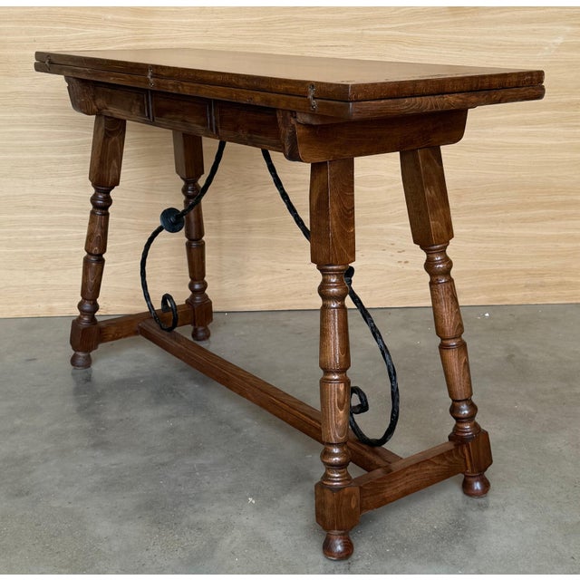 Spanish 20th Century Spanish Console Fold Out Farm Table with Wood Stretcher For Sale - Image 3 of 18