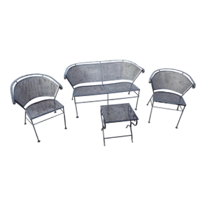 Vintage Wrought Iron Garden and Paio Furniture Four Piece Set Featuring Barrel Back Chairs and Bench With End Table