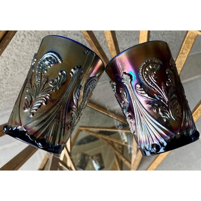 Circa 1969 St. Clair Glass Inverted Fan & Feather Carnival Reproduction Iridescent Glass Tumblers – A Pair For Sale - Image 14 of 18