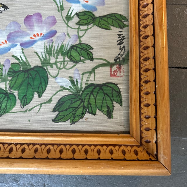 Asian 1970’s Asian Style Bird in Flight Over Flowers Painting on Bamboo For Sale - Image 3 of 4
