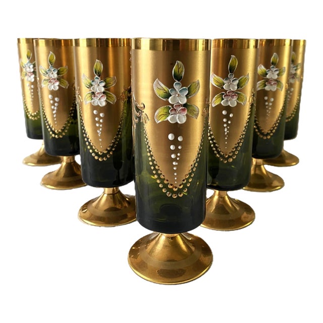 1950s Mid-Century, Blown Glass Cocktail Glasses, Salviati Murano Attributed, Green & Gold, Cylindrical Shape, Short Stem- Set of 11 For Sale