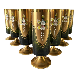 1950s Mid-Century, Blown Glass Cocktail Glasses, Salviati Murano Attributed, Green & Gold, Cylindrical Shape, Short Stem- Set of 11