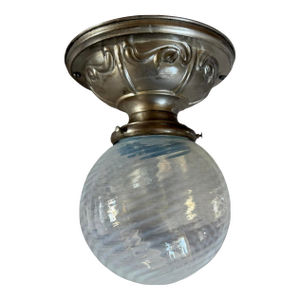 Early 20th Century Silverplate Flushmount With Phoenix Swirl Art Glass Globe Shade