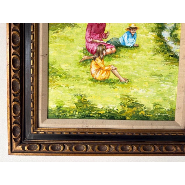 Wood Vintage Karin “Picnic” Impressionist Oil on Canvas Painting – Framed For Sale - Image 7 of 12