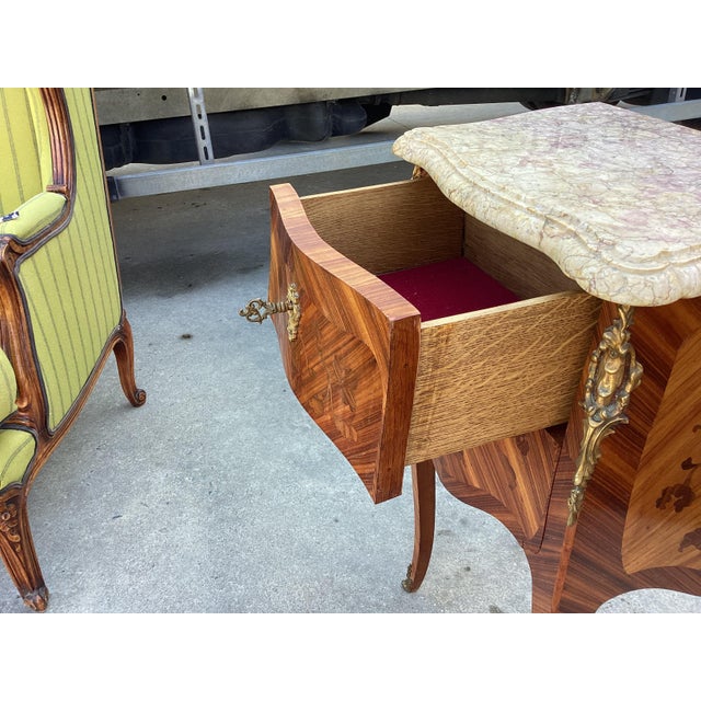 Exceptional Pair French Inlay Night Tables W/Marble For Sale - Image 4 of 10