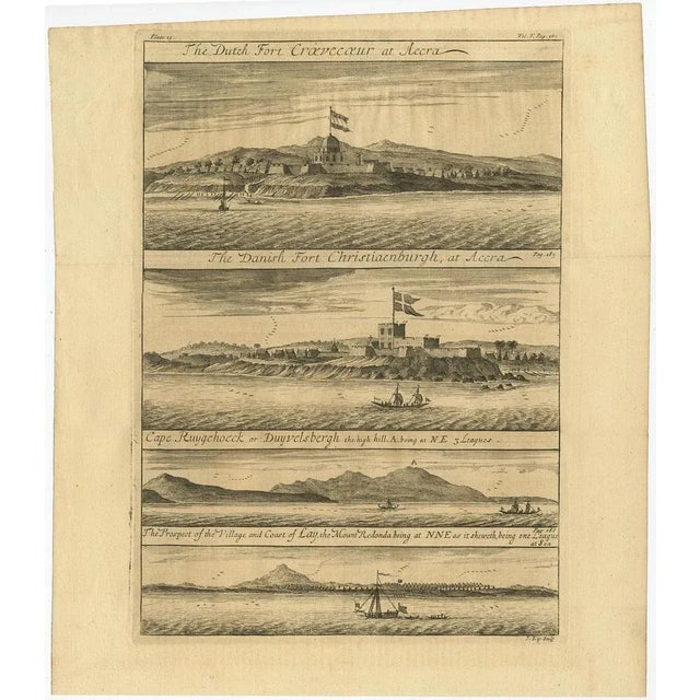 Antique print, titled: 'the dutch fort croevecoeur (…).' a four panel plate showing forts on the west african gold coast,...