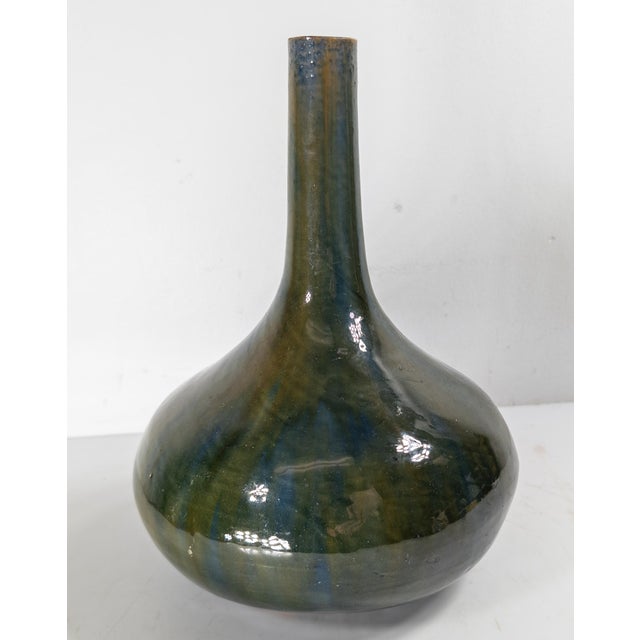 Late 19th Century 19th Century German or Austrian Olive Green Glazed Majolica Bottle Vase For Sale - Image 5 of 12